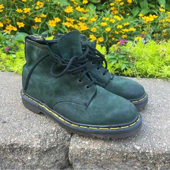90s Dr. Doc Martens Suede Green 6 Eye Boots Made in England UK 7 / US M8 / US W9 - Picture 1 of 8
